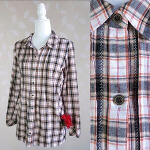 J. Jill Plaid Cotton Flannel Button Front Tunic Top With Pockets Black Orange Sm